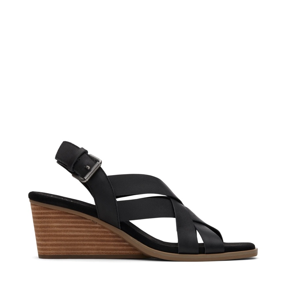 Toms Black Wedge Sandals with Tan Sole (Style: Gracie)